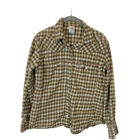 Carhartt Shirt Brush Popper Women's Tan Brown Plaid Long Sleeves Collared Size M - Picture 1 of 13